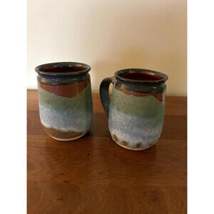 Studio Pottery Layered Multicolor Glazed Mugs with Artist Markings (Set of 2)